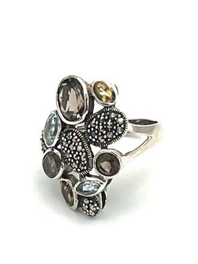 Multistone Floral Cluster Ring - Silver w Blue & Smoky Topaz, Citrine, Marcasite